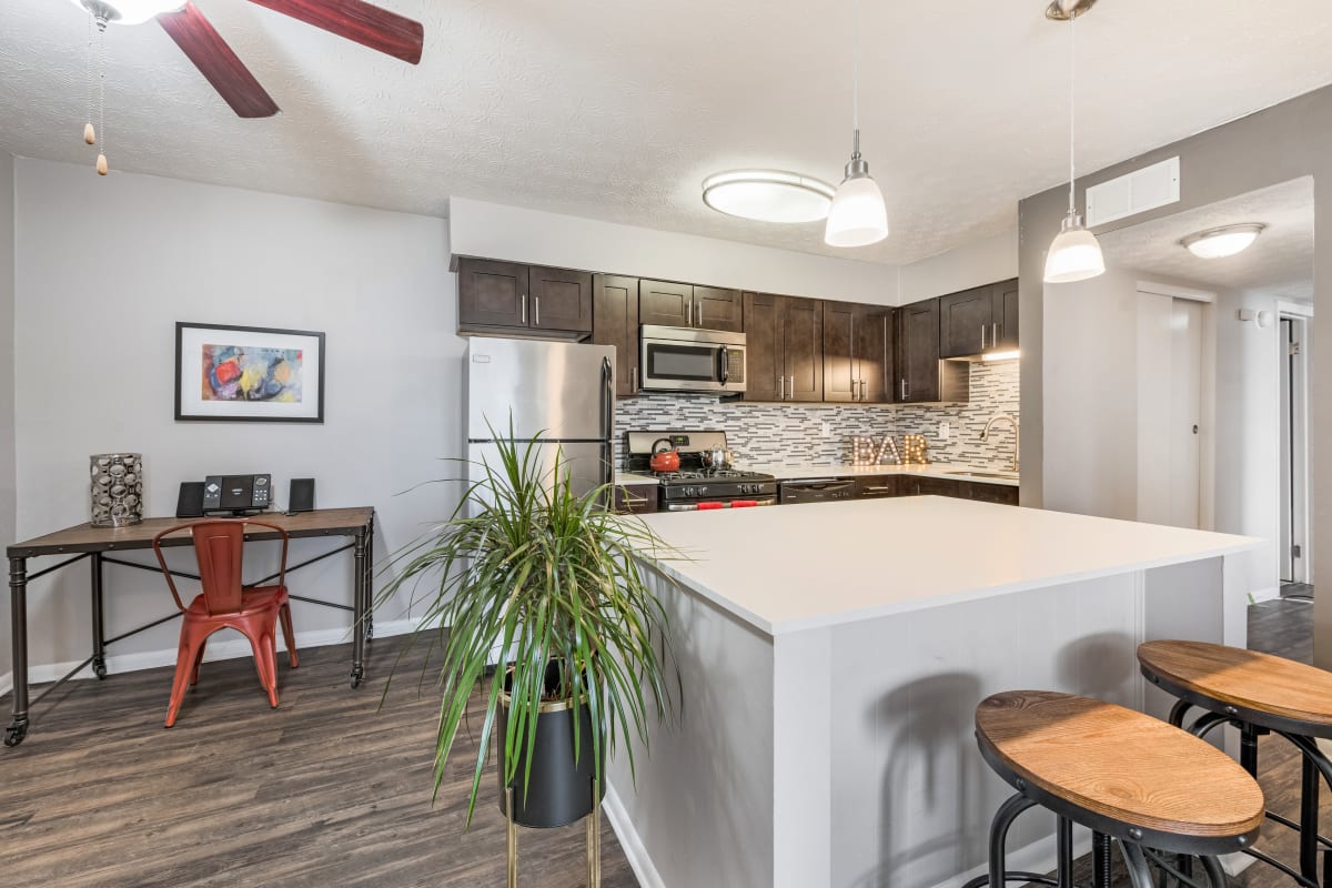 Modern apartment kitchen at Fox and Hounds Apartments in Columbus, Ohio