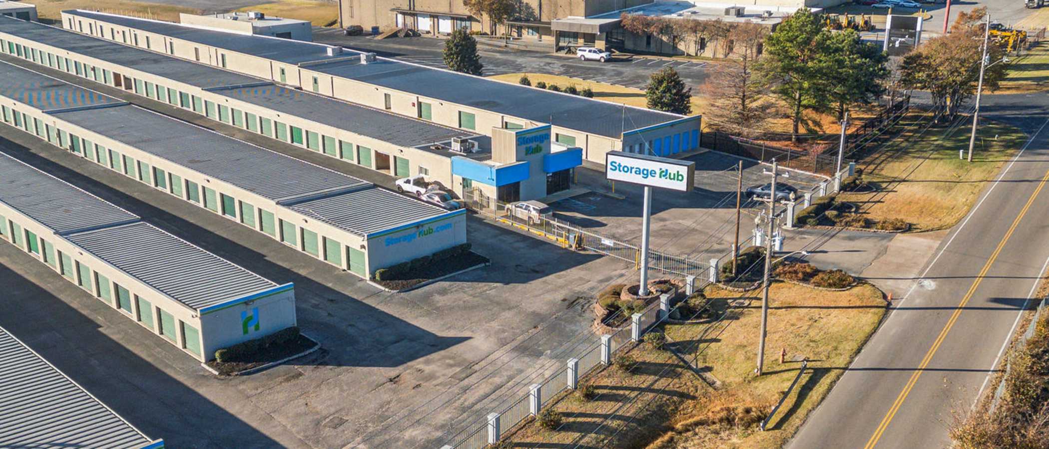 Aerial view of Storage Hub - Corporate Ave in Memphis, Tennessee showing exterior storage buildings, drive lanes, and surrounding property area.