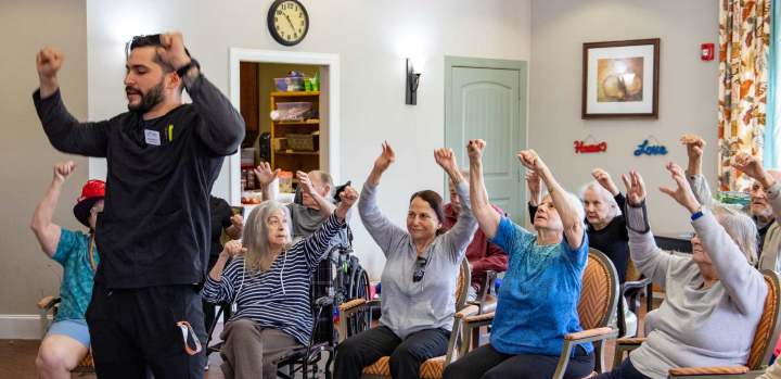Stay active and engaged at The Landing at Stone Oak! Our memory care community offers fun, instructor-led fitness activities to promote wellness and joy for residents.