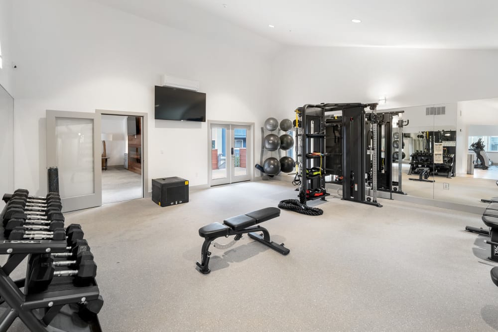 Fitness center with free weights at Ballena Village Apartment Homes in Alameda, California