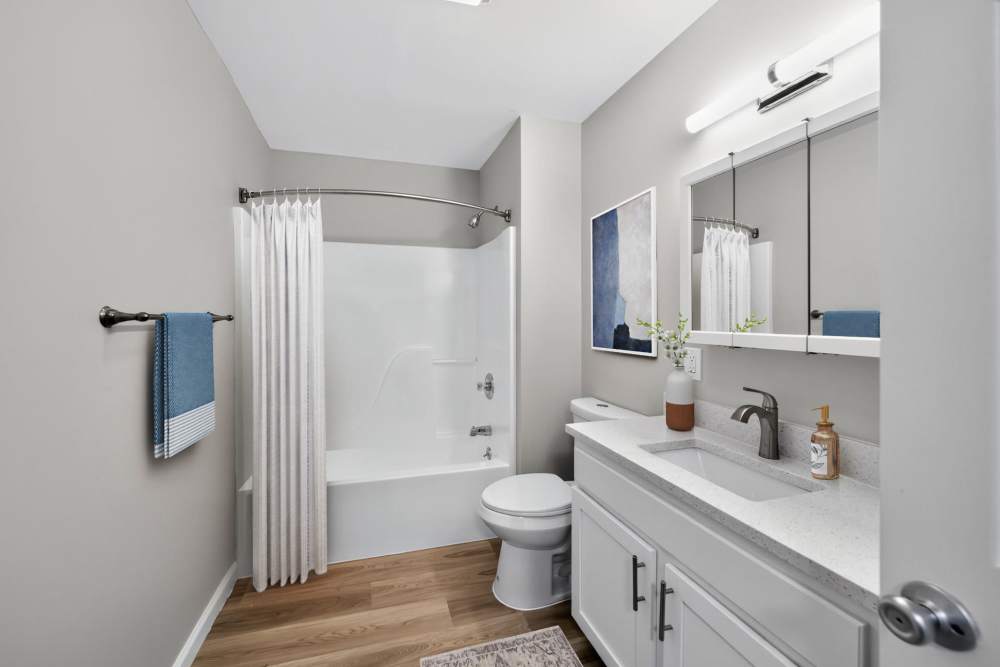 Bathroom with brand new appliances at Eagle Rock Apartments at Mohegan Lake in Mohegan Lake, New York