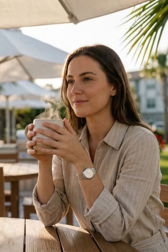 Resident having coffee in the outdoor picnic area at Pomona Apartments in Ocala, Florida