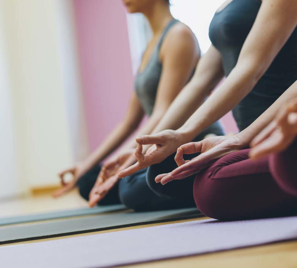 Residents practicing yoga at Titan Court in Eugene, Oregon