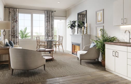 An apartment living room and dining room at Weatherly Court in Medford, Oregon