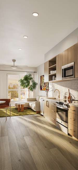 Rendering of modern interior at Flora + Fauna in San Diego, California