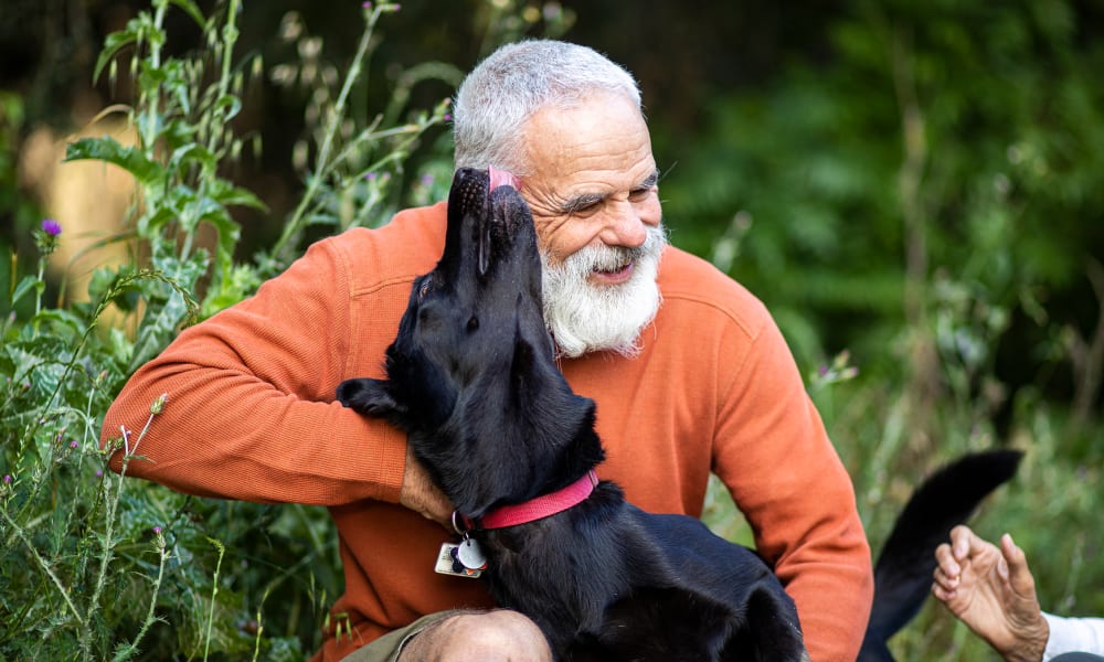 Happy resident playing with their dog at the pet-friendly community of Cedar Hill Senior Living in Cedar Hill, Texas