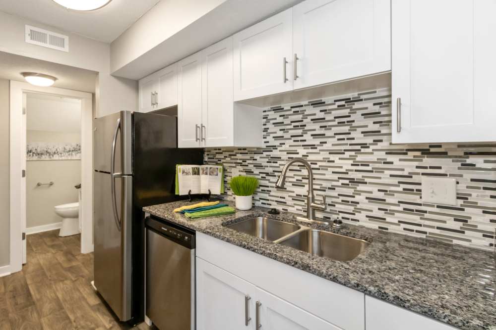 Modern kitchen with built-in microwave and granite countertops at The Preserve on Allisonville in Indianapolis, Indiana
