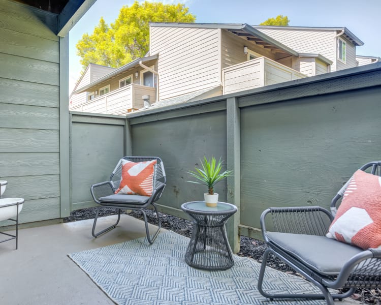 Relaxing private patio space outside a model home at Sofi Union City in Union City, California
