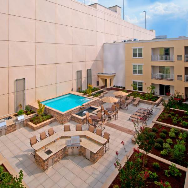 Resort-style pool and courtyard at Attain Downtown, Norfolk, Virginia