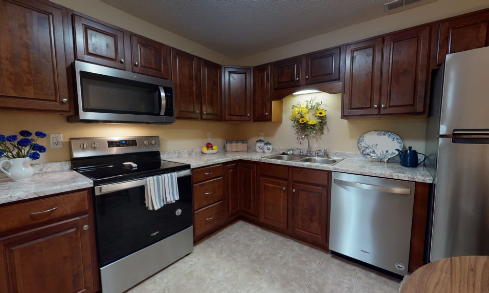 An apartment kitchen at The Keystones of Cedar Rapids in Cedar Rapids, Iowa