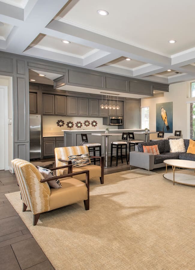A spacious clubhouse with a community kitchen at Alicante Apartment Homes in Aliso Viejo, California