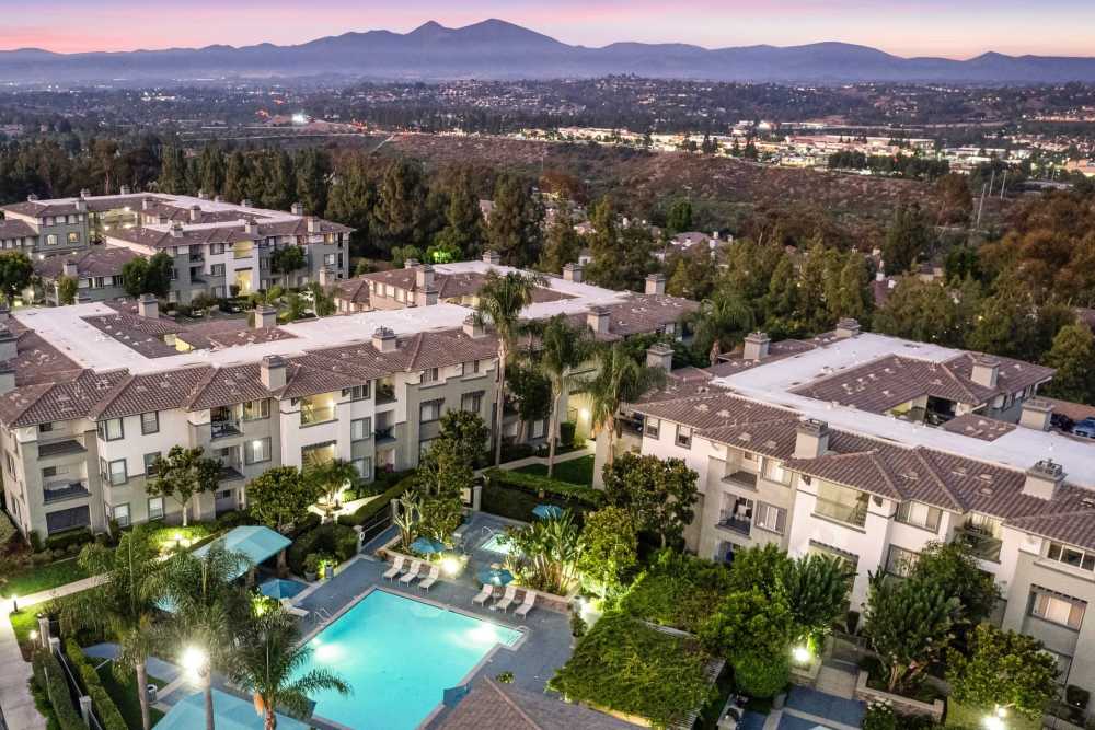 Aerial view of Alicante Apartment Homes in Aliso Viejo, California at dusk