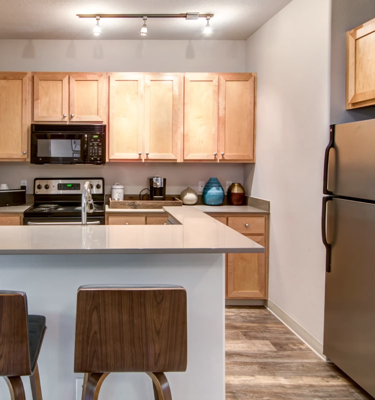 Modern kitchen with sleek, stainless-steel appliances and quartz countertops in a model home at Sofi at Forest Heights in Portland, Oregon