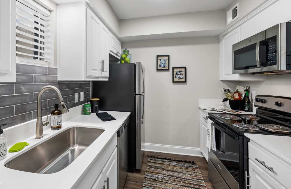 Kitchen with sink and appliances at Lavera At Lake Highlands in Dallas, Texas