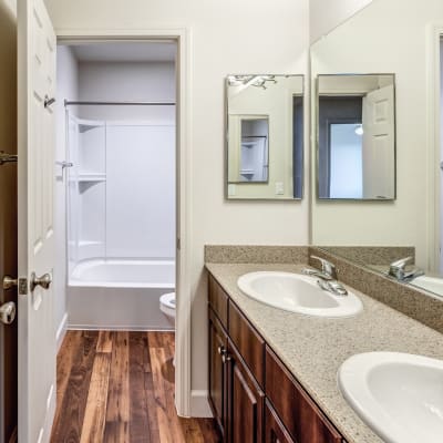 Brown cabinets in the bathroom at Seaside Village in Oceanside, California