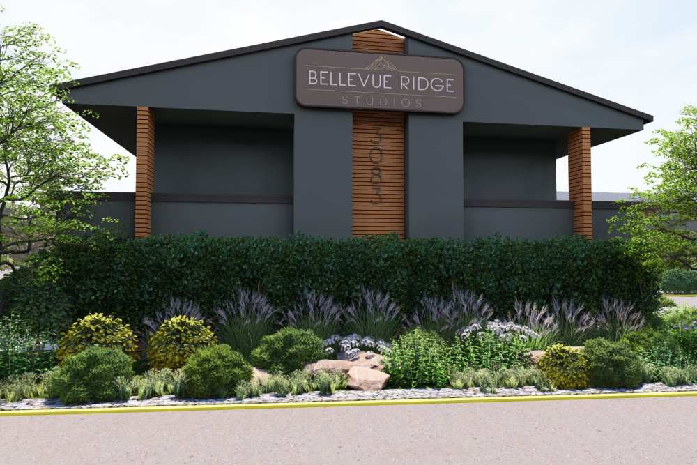 View of the apartments at Bellevue Ridge Apartments in Bellevue, Washington  