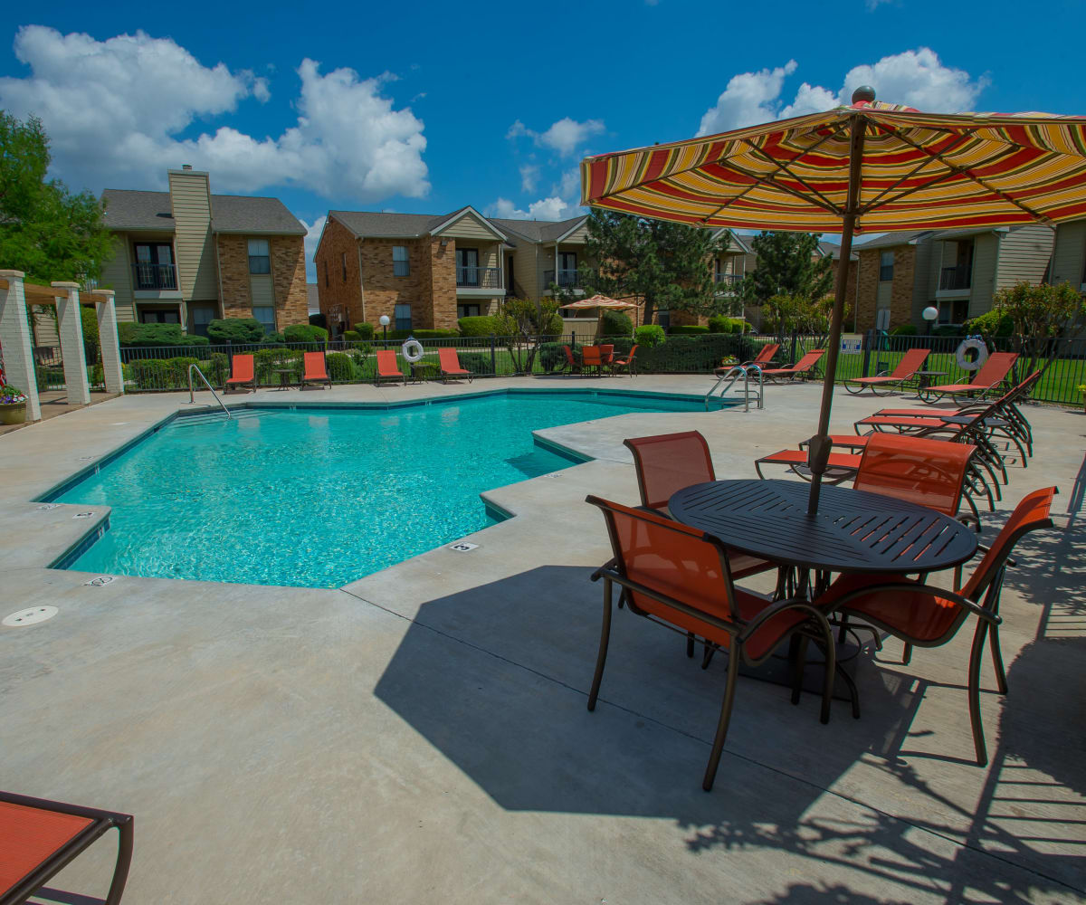 Covered outdoor tables by the pool at Cimarron Trails Apartments in Norman, Oklahoma