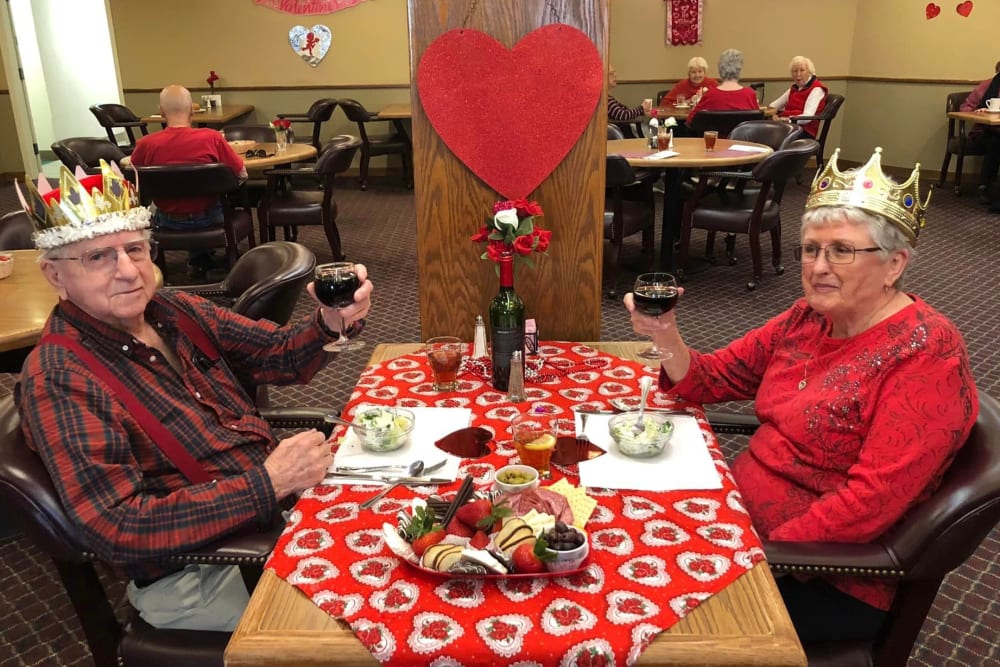 Valentine's dinner in the dining room at River Commons Senior Living in Redding, California