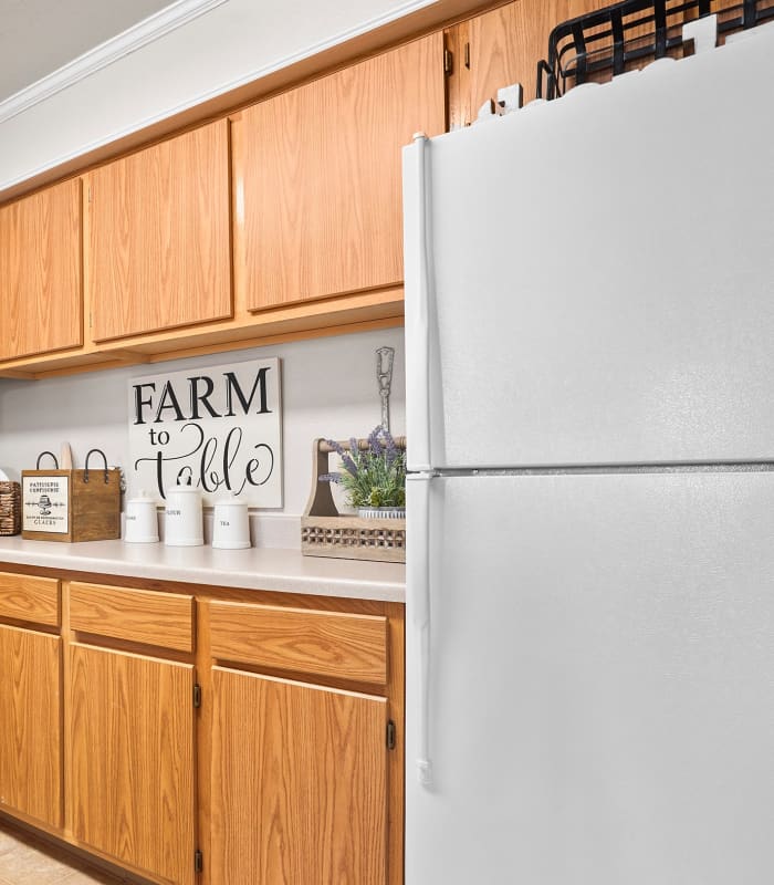 Kitchen fridge with granite countertops at The Remington Apartments in Wichita, Kansas