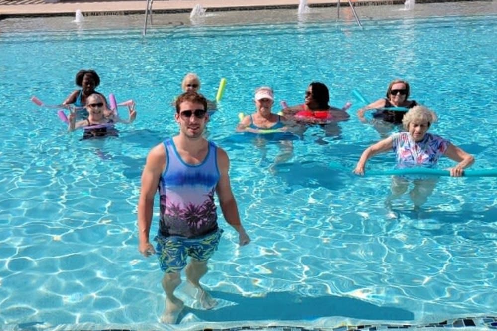 Residents participating in an aquafit class at The Spring at Silverton in Fort Worth, Texas.