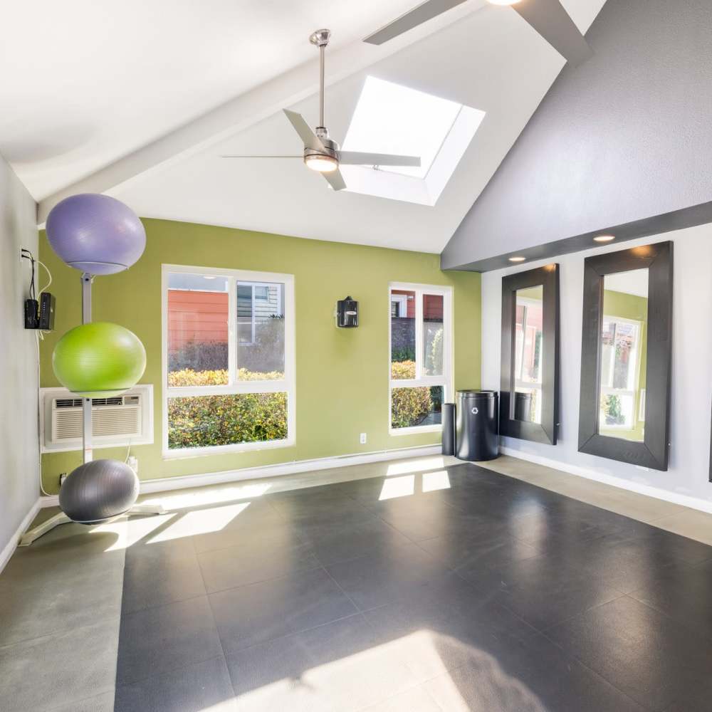 Fitness center with balls and mirrors at Crossbrook Apartments in Rohnert Park, California
