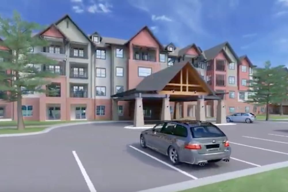 A rendering of the parking lot and exterior of Harmony at Brentwood in Brentwood, Tennessee