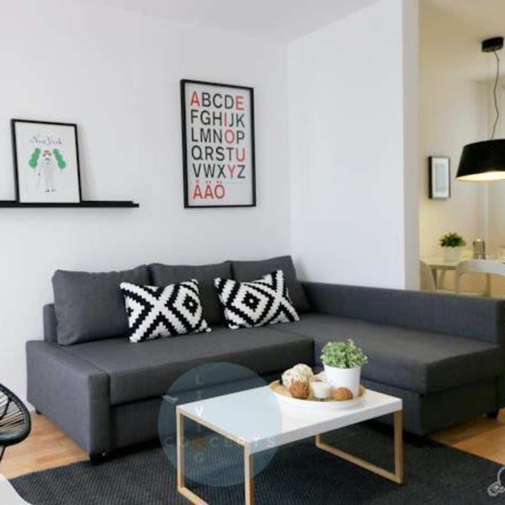 Living room with ambient lighting at Olive Tree Terrace in West Covina, California, 