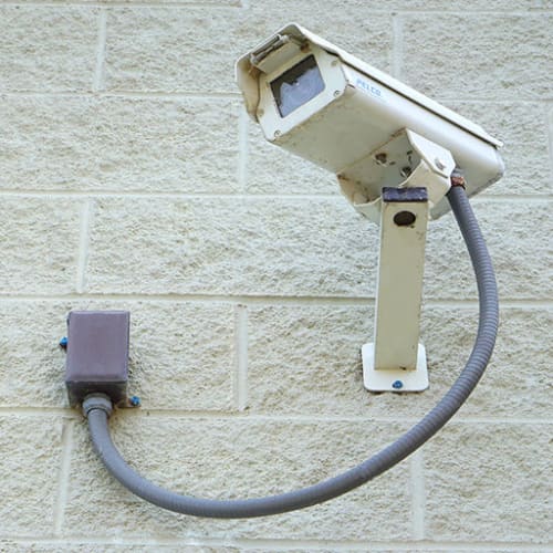 Security cameras outside storage units at Red Dot Storage in Glenwood, Illinois