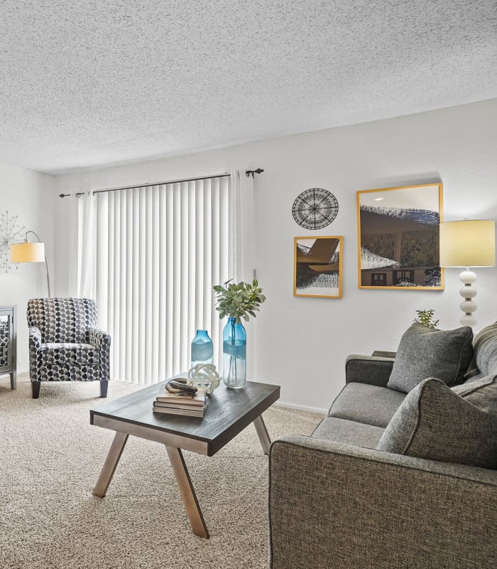 Bright Carpeted living room at Windsail Apartments in Tulsa, Oklahoma
