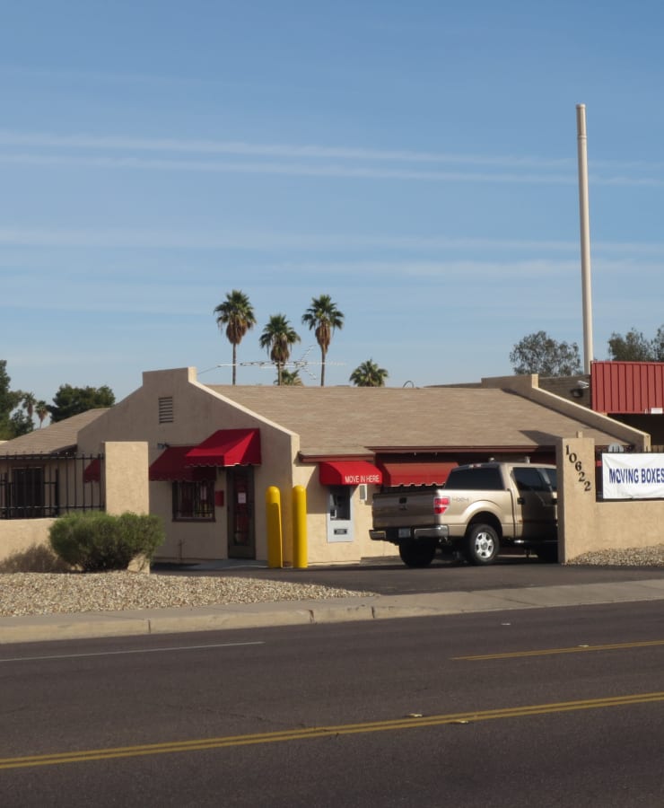 The exterior of the main entrance at StorQuest Self Storage in Phoenix, Arizona