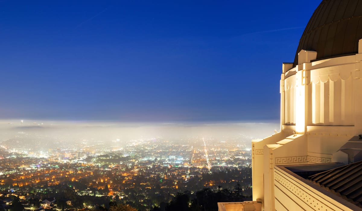 Beautiful dusk view of the city from Griffith Observatory near Rancho Los Feliz in Los Angeles, California