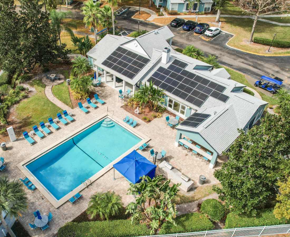 Drone view of swimming pool at The Canopy Apartment Villas in Orlando, Florida