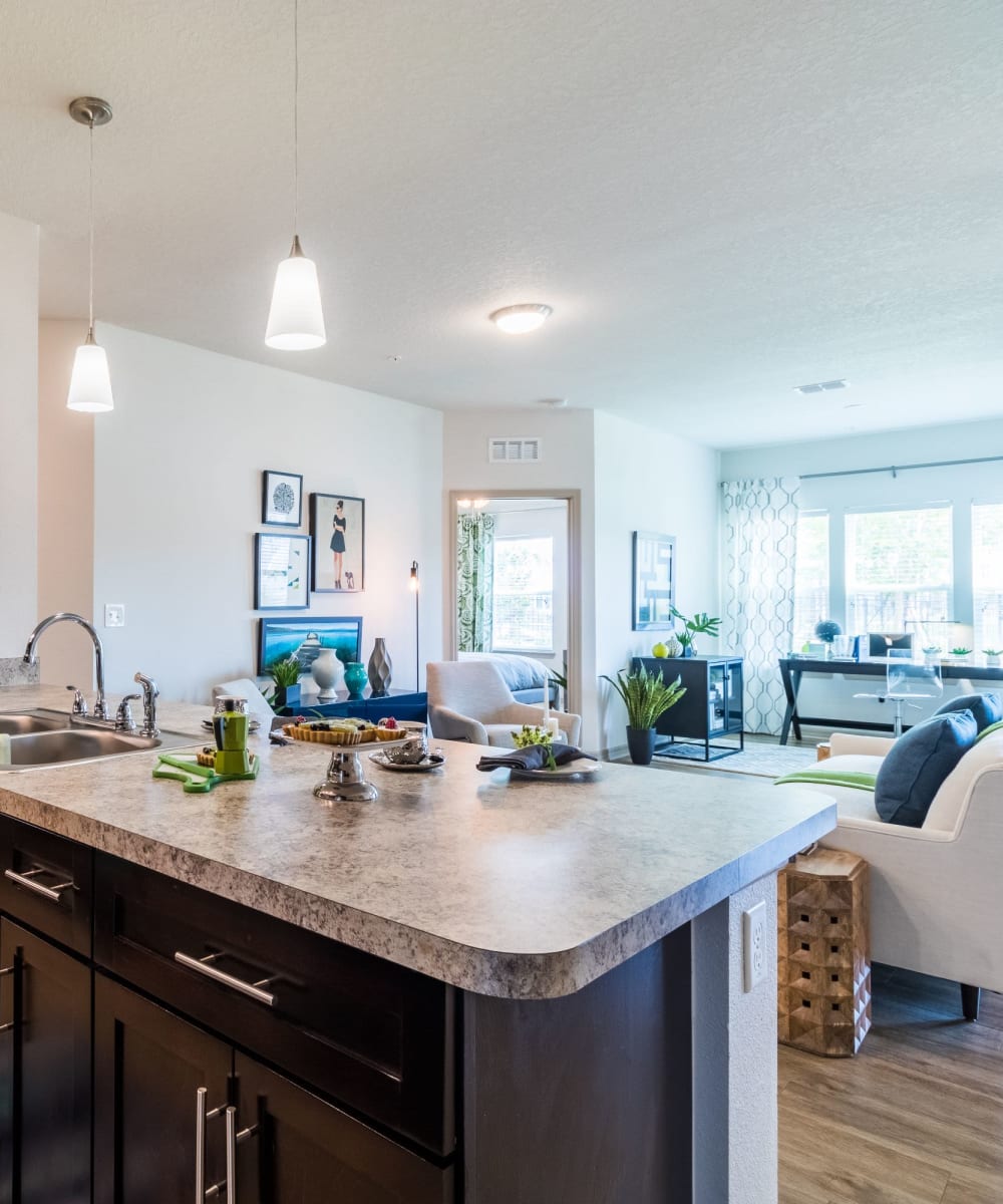 Kitchen island and living room at The Carlton at Bartram Park in Jacksonville, Florida