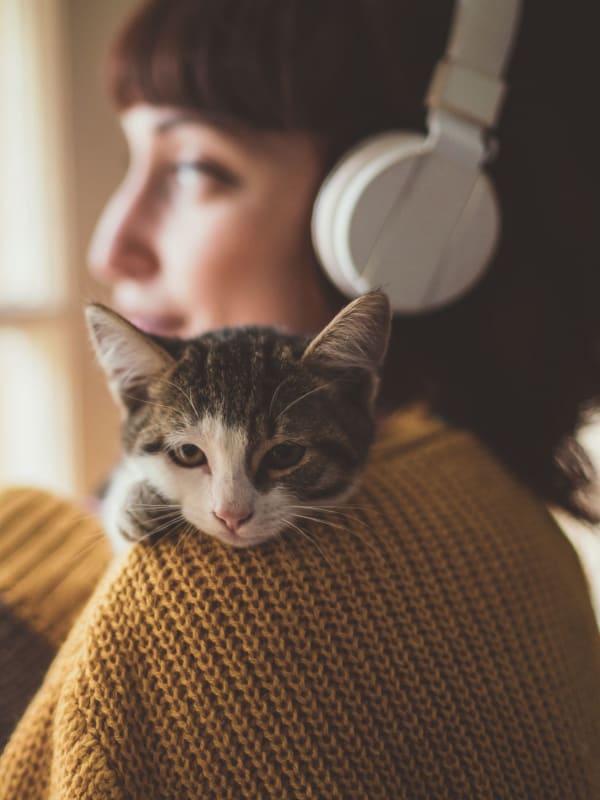 Resident with her cat at Palisades at Pleasant Crossing in Rogers, Arkansas