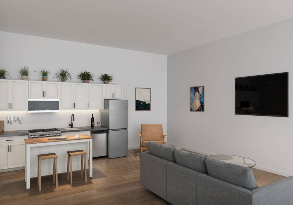 Specious living room with view to kitchen at Woodland Flats in Gresham, Oregon