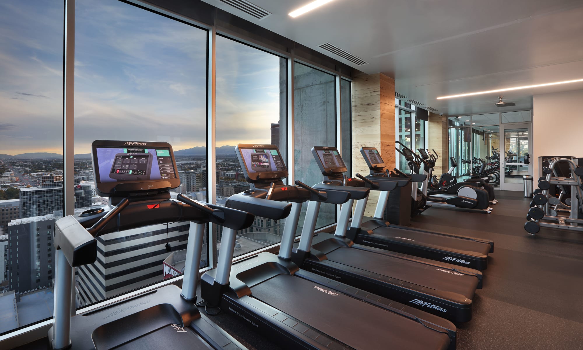 Treadmills and working equipment at gym on 21st floor at Luxury high-rise community of Liberty SKY in Salt Lake City, Utah