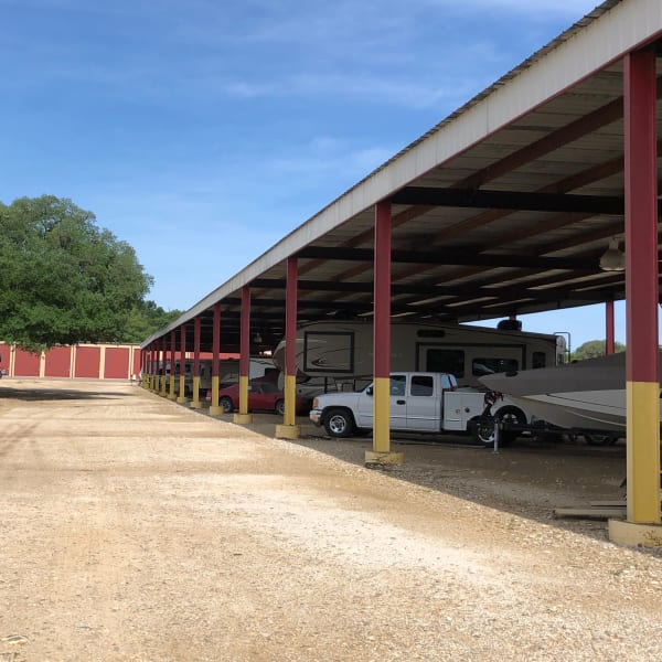 Covered boat, RV, trailer, and auto storage at StorQuest Self Storage in Kyle, Texas