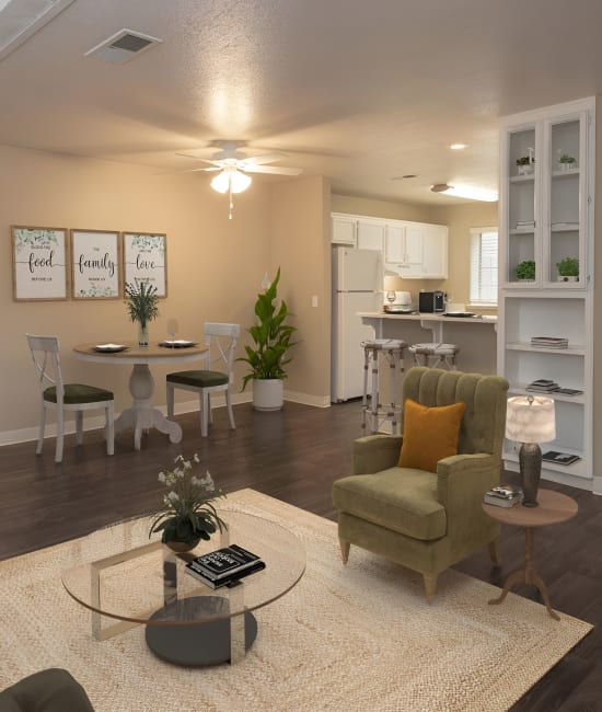 Living room and dining area at Auburn Townhomes in Auburn, California