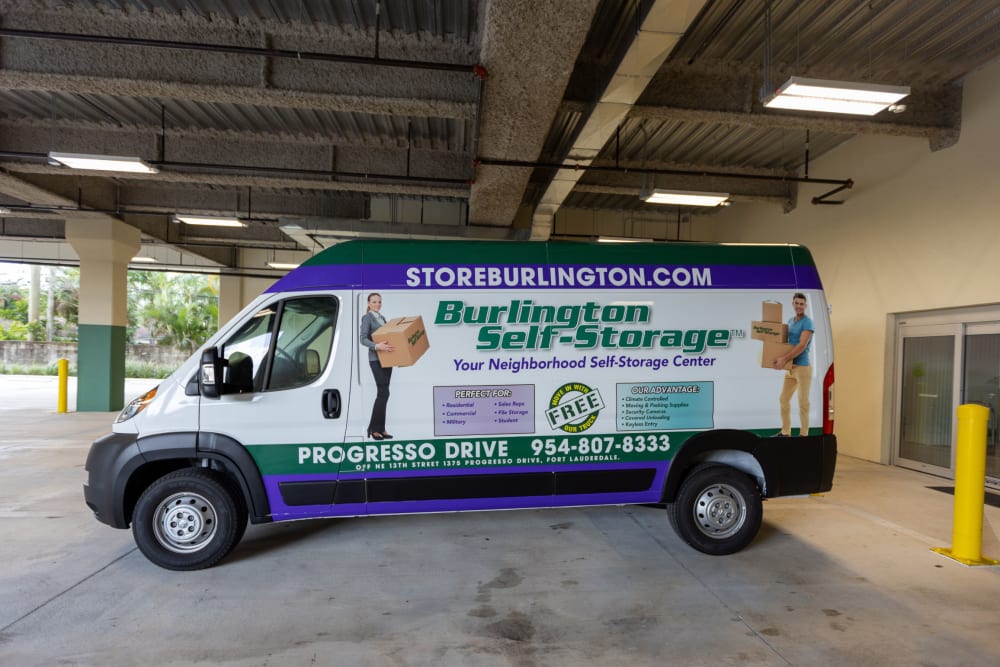 Free moving truck rentals at Burlington Self Storage Pompano Beach in Pompano Beach, Florida