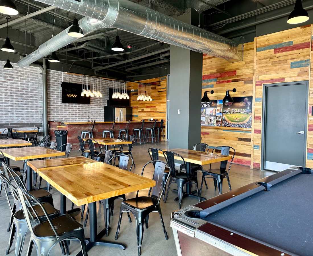 Custom lighting in the foyer of the clubhouse at Outfield Ball Park Lofts in Lansing, Michigan