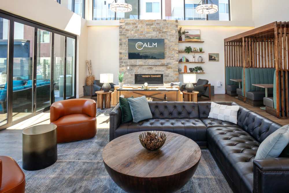 Modern kitchen overlooking the living room at Calm at Northtowne in Reno, Nevada