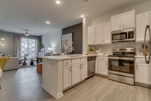 Kitchen area with stainless steel appliances at The Flats at West Broad Village in Glen Allen, Virginia