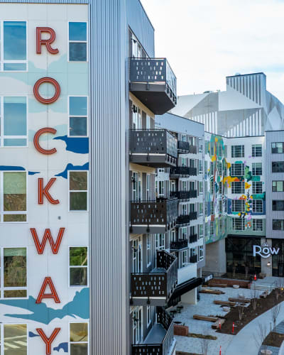 Rockway signage on The Row. External view of The Row Apartments in Downtown Raleigh. Showing the mural at The Row in Raleigh,North Carolina
