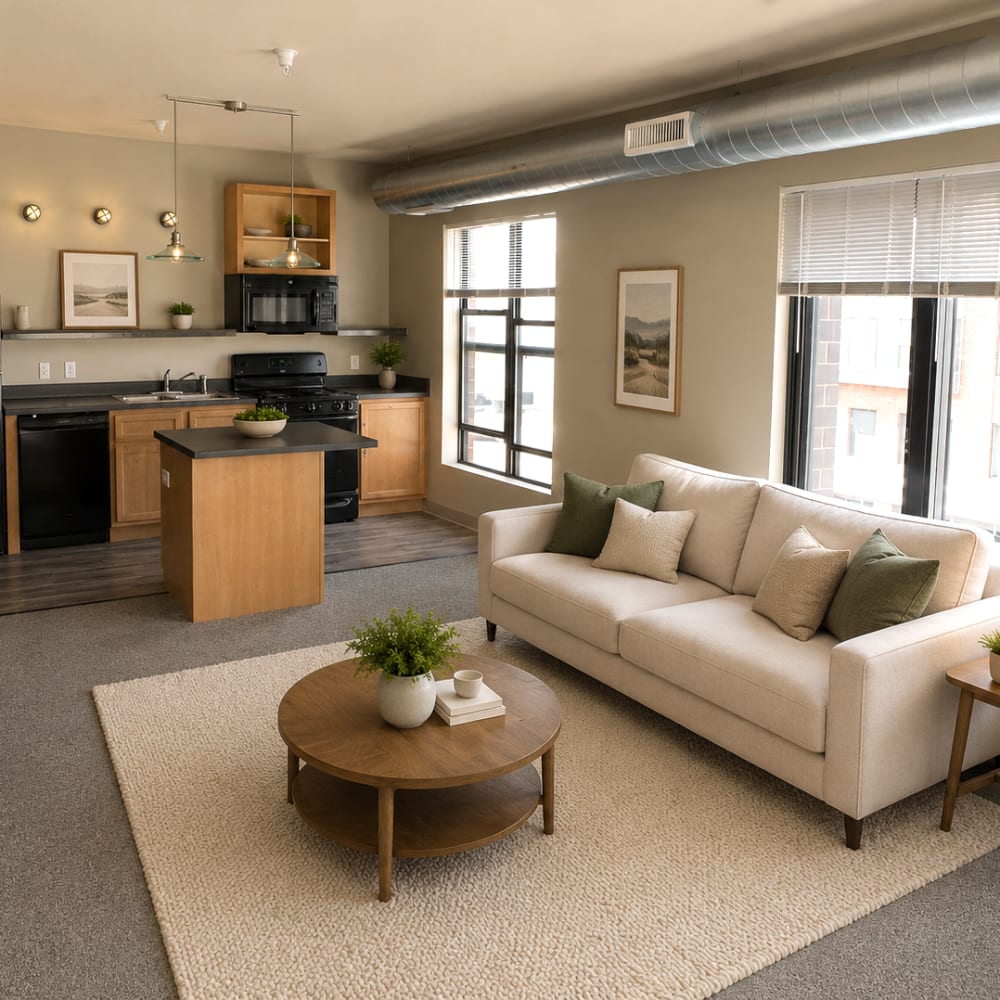 open floor plan living at East Village Square in Des Moines, Iowa