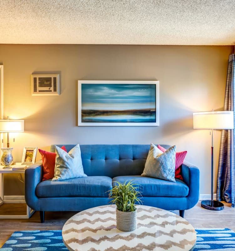 Modern decor in the living space of a model home at Sofi Poway in Poway, California