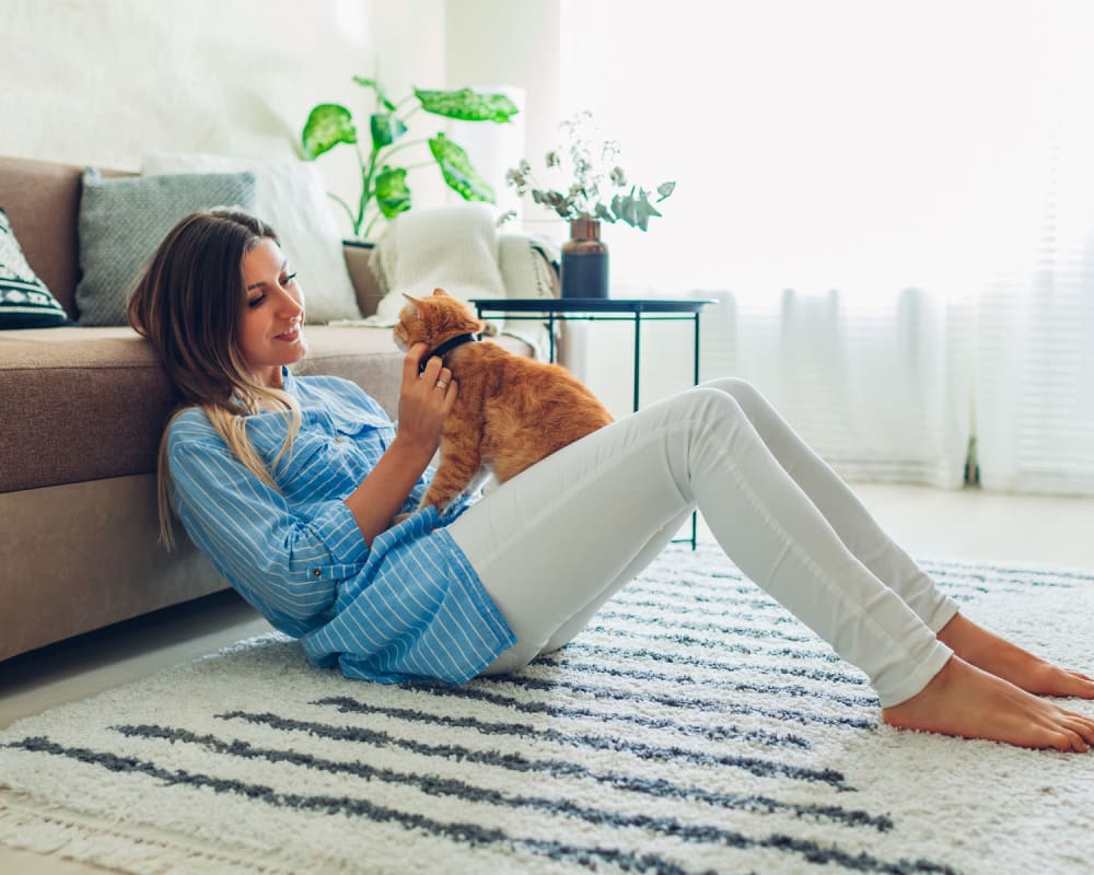 Happy cat and her owner relaxing in their new home at Oaks Estates of Coppell in Coppell, Texas