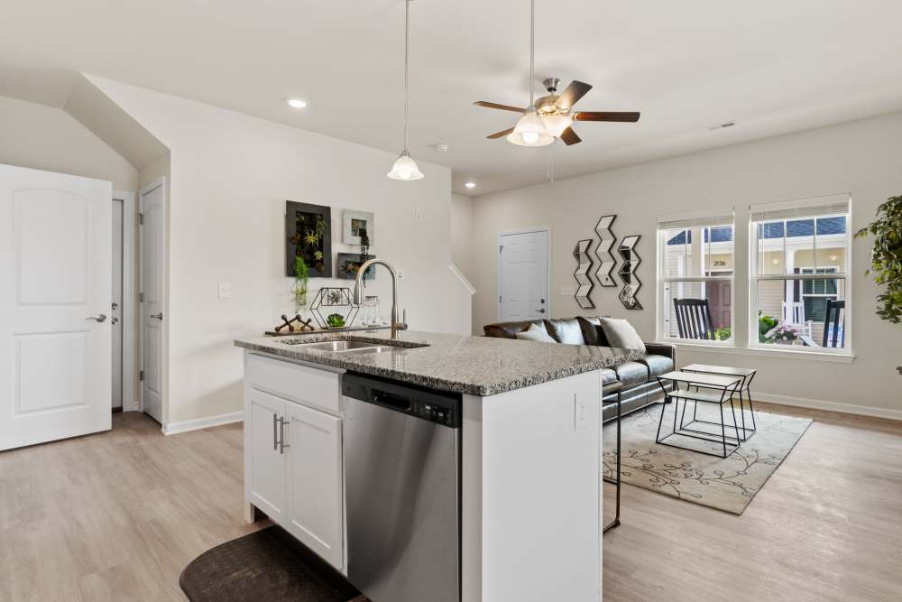 Modern kitchen at Crystal Lake & Kingsley Apartments and Townhomes in Fayetteville, North Carolina