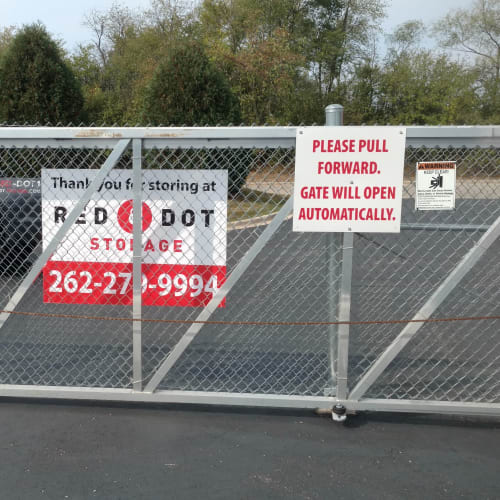 Entrance gate of Red Dot Storage in Genoa City, Wisconsin