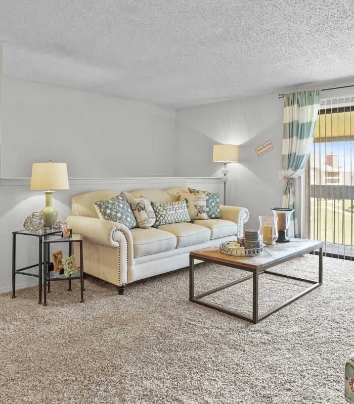 Carpeted bright living room at Silver Springs Apartments in Wichita, Kansas