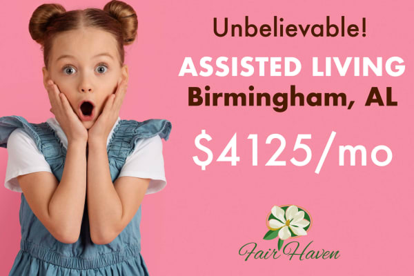 Young girl with surprised face announcing unbelievable price for assisted living at $4125 a month